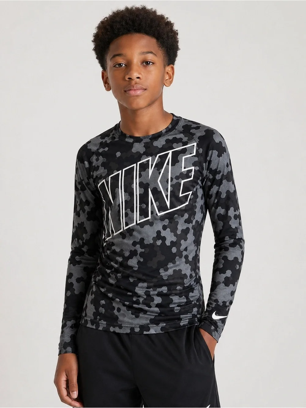 Nike Pro Dri-FIT Boys XL Camo Compression Shirt Black Gray Long Sleeve